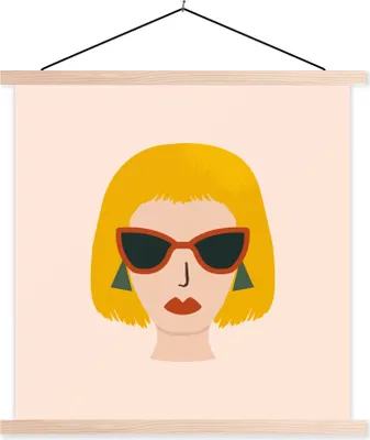 Produktbild von MuchoWow® Textilposter Frau - Sommer - Sonnenbrille 120x120 cm mit holzfarbenen Rahmen - Textil-Poster