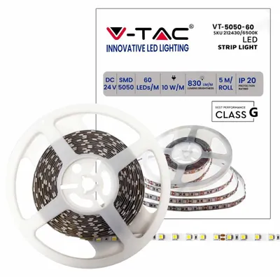 Immagine prodotto di V-TAC VT-5050 Striscia 300LED strip 10W/mt 24V 90LM/W 5050 5M IP20 830lm/mt Bianco freddo 6400K - SKU 212430