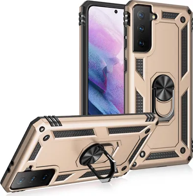Produktbild von LaimTop Schutzhülle für Galaxy S21 FE 5G, Dual Layer Robust Militäre Fallschutz Hülle mit Ringhalterung Ständer Gold
