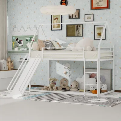 Produktbild von Kinderbett 90x190 Etagenbett mit Rutsche und Leiter,Bettrahmen Jugendbett mit Spielhaus-Design,ohne Matratze,Weiß
