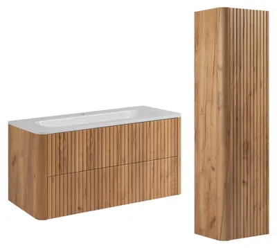 Produktbild von Badmöbel-Set Schrank 100 mit Waschbecken und Hochschrank, Craft-Eiche, 100,30 x 48,4 x 43,7 cm
