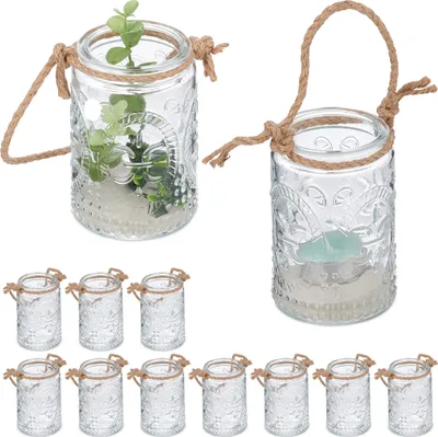 Image de Photophores Relaxdays, lot de 12, en verre avec anse, pour l'intérieur et l'extérieur, 10,5 x 7 cm, photophores de mariage, transparents/marron