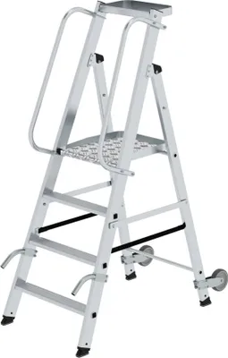 Produktbild von Plattformleiter mit Rollen und Griff | 4 Stufen | inkl. beidseitigem Handlauf | Aluminium | nivello® Leiterschuhe