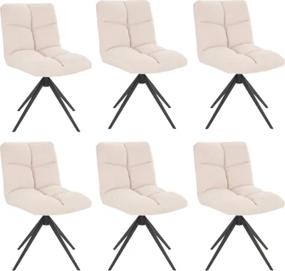 Six cream-colored dining chairs are arranged in two rows of three against a white background.