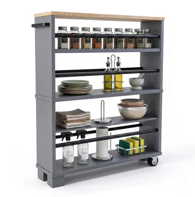 Immagine prodotto di Relaxdays Scaffale da nicchia, L x P x A: 80x13x50 cm, scaffale da nicchia stretto per bagno e cucina, 4 ripiani, maniglia per scaffale su ruote, nero-grigio