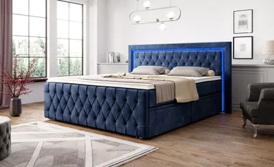 Produktbild von Moebelfest Boxspringbett 180x200 cm mit Bunt LED-Beleuchtung: Polsterbett mit 2 Schubladen, Taschenfederkernmatratze 7 Zonen und Topper (London in Blau)