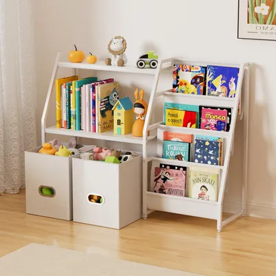 Kinderbücherregal mit 4 Fächern und 2 Körben, Montessori-Stil