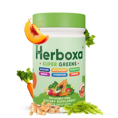Zdjęcie produktu dla Herboxa SUPER GREENS – zielone proszek wspomagający detoksykację – zawiera korzeń cykorii i cynk – o smaku brzoskwini lodowej – 50 porcji