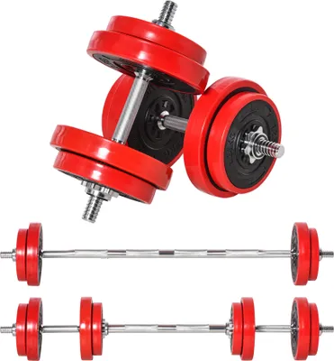 Immagine prodotto di Set di manubri 20 kg 2-in-1 regolabili e bilancieri, rosso e nero, per allenamento fitness e muscolare a casa, 21,5 x 21,5 x 3,8 cm