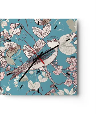 Produktbild von Wanduhr - Quadrat - Glasuhr - Vogel Baum modern - 30x30cm - Schleichendes Uhrwerk - Lautlos - zum Aufhängen bereit - Dekoration Modern - Wanddekoration aus Glas - C3AC30x30-3585