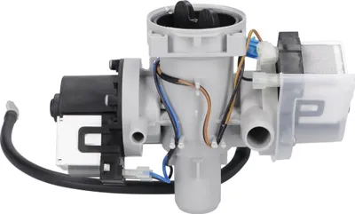 A close-up product shot of a washing machine drain pump assembly.