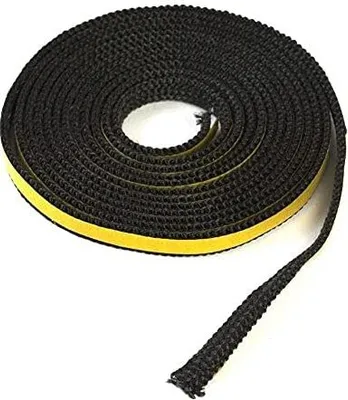 A coiled roll of black sealing cord with a yellow adhesive strip on one side, presented against a white background.