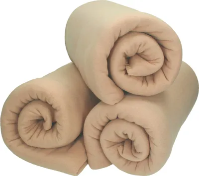 Three rolled-up fleece blankets stacked on a white background.