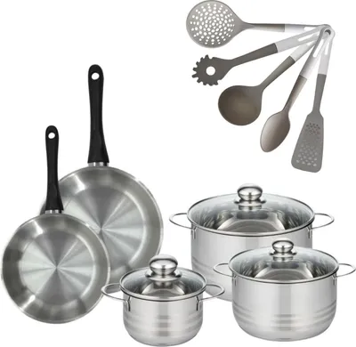Image de Batterie de cuisine avec 3 faitouts 16/20/24 cm et 2 poêles 20/24 cm avec 5 ustensiles de cuisine Fackelmann Généva Brillant Vario
