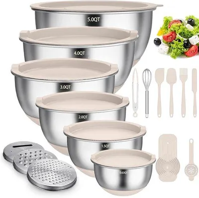 Productafbeelding van Unyqoos® Rührkompleet, 8-delig, roestvrij staal, met deksels en 3 raspaccessoires, siliconenbodem, stapelbaar – 4,7 liter | 3,8 liter | 2,8 liter | 1,9 liter | 1,4 liter | 0,6 liter