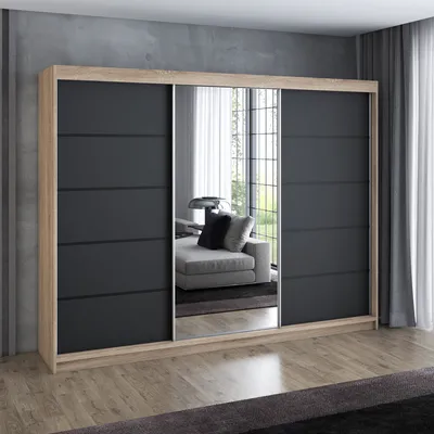 Produktbild von Schwebetürenschrank 200 cm, 3-türig, mit Spiegel & 4 Schubladen, Retro-Stil, modern, in Weiß/Schwarz/Sonoma – Kleiderschrank VILUNO 2