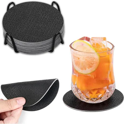 Obrázek produktu pro Sada 12 podtácků, umělá kůže, oboustranné, kulaté, omyvatelné, protiskluzové, černé