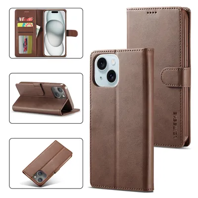 Obrázek produktu pro Pouzdro pro iPhone 15 kožené flipové pouzdro s magnetickým uzávěrem a stojánkem, ochranné pouzdro hnědé