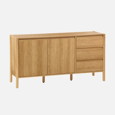 A wooden sideboard with two doors and three drawers, presented against a plain background.