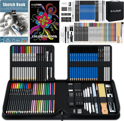 Produktbild von Künstlerbedarf-Set – Set mit 84 Teilen – Zeichen- und Malset mit Anleitung – Skizzenbuch und Papier – Bleistifte – Pastellstifte