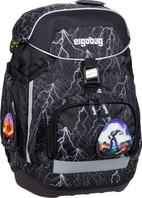 A black backpack with a lightning bolt pattern and colorful patches on the front.