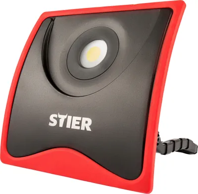 Produktbild von STIER COB LED Baustrahler, 5500 Lumen, 55W, Baulampe mit flexiblem Standfuß und 2 SchuKo Steckdosen und Aluminiumgehäuse, Baustellenlampe mit Überpsannungsschutz