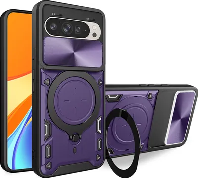 Obrázek produktu pro Pouzdro pro Google Pixel 9 /Pixel 9 Pro dvojvrstvé odolné pouzdro s ochranným krytem kamery a kruhovým stojánkem na prsten Fialová