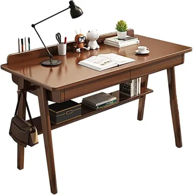 Imagen del producto de Escritorio de madera maciza con 2 cajones y estante de almacenamiento para despacho (nogal, 120 x 60 x 75 cm)