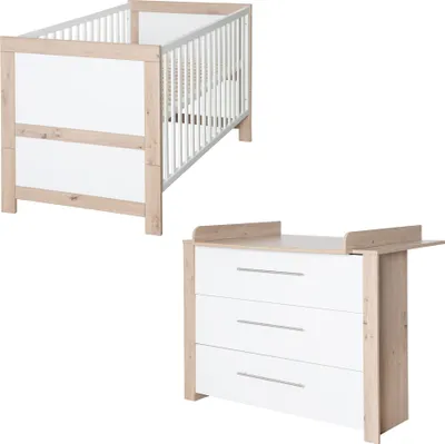 Produktbild von roba Babymöbel Set 2-teilig Malo - Kinderbett 70 x 140 cm umbaubar + Wickelkommode mit 3 Schubladen - Griffe aus Metal - Weiß / Artisan Eiche