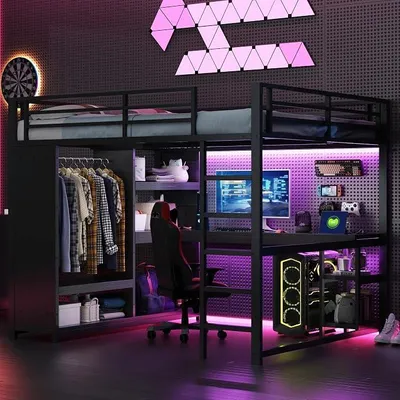 Productafbeelding van 160x200 cm metalen hoogslaper voor gaming, met LED-verlichting, bureau, open kledingkast en opbergvakken, zwart