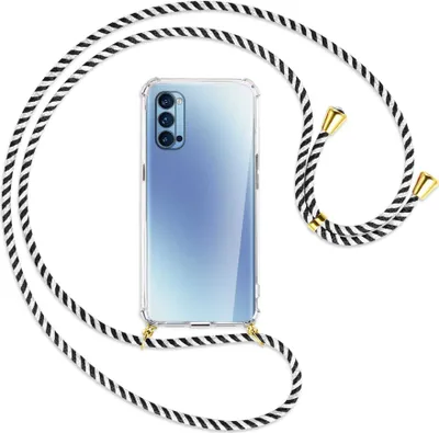 Produktbild von Handykette Backcover-Schutzhülle mit Band (Metall goldfarben) für Oppo Reno4 Pro 5G - schwarz/weiß gestreift
