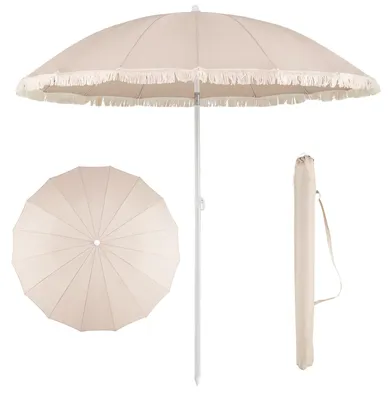 Produktbild von COSTWAY Sonnenschirm 200cm, Gartenschirm Boho mit Fransen & Tragetasche, beidseitig um 30° knickbar, Balkonschirm Terrassenschirm Marktschirm Beige