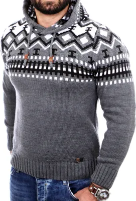 Produktbild von Reslad Herren Grobstrick Pullover Norweger Winter Kapuzenpullover RS-3013 Anthrazit XL