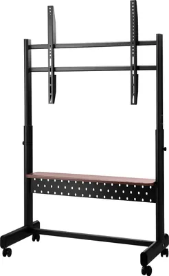 A black rolling TV stand with a wooden shelf is shown against a white background.