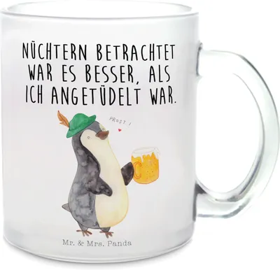 Produktbild von Mr. & Mrs. Panda Tee Tasse Pinguin Bier - Transparent - Geschenk, , Teetasse, Angetüdelt, Pott, Beschwippst, Haferl, Pinguine, Trinkglas, getränkebecher