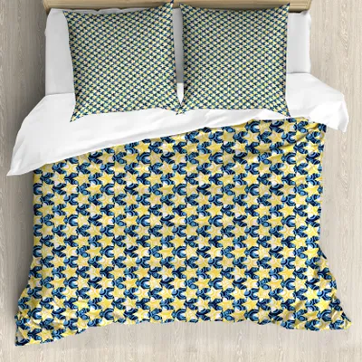 Produktbild von ABAKUHAUS Sterne Bettbezug Set für Einzelbetten, Skurril Wirbel und Stern, Milbensicher Allergiker geeignet mit Kissenbezug, 155 cm x 220 cm - 80 x 80 cm, Night Blue Senf
