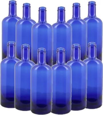 Produktbild von BELLEROFONTE Blau Glasflasche Modell VAND für Wasser 750 ml mit silbernem Verschluss, 12 Stücke