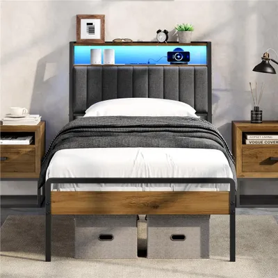 Produktbild von Yaheetech Polsterbett mit LED-Beleuchtung & Ladestation, Bettgestell 90 x 200 cm, mit Kopfteil & Lattenrost, Grau