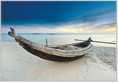 Produktbild von Wallario Wandbild Fischerboot am Strand mit Sonnenuntergang, Größe: 70,30 x 100,30 cm, Poster mit weißem Kunststoffrahmen