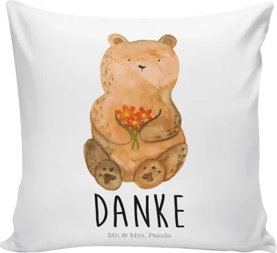 Produktbild von Mr. & Mrs. Panda Kissen 40x40 Bär Dankbar - Weiß - Geschenk, für sofa, Sofakissen, Kuschelkissen, 40 x 40, bedruckt, Blumen, Teddy, Dankeschön, Danke