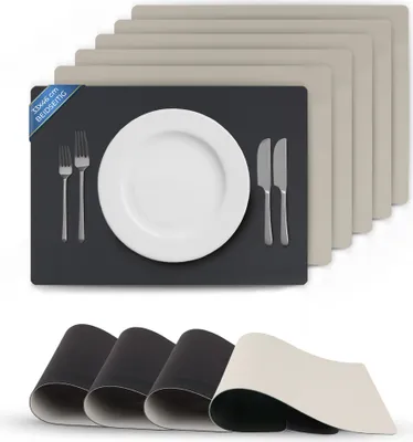 Produktbild von Tischsets Schwarz/Hellgrau doppelseitig (Unifarben) 6er Set 46x33 cm, Tischunterlage Lederoptik, Platzset abwischbar