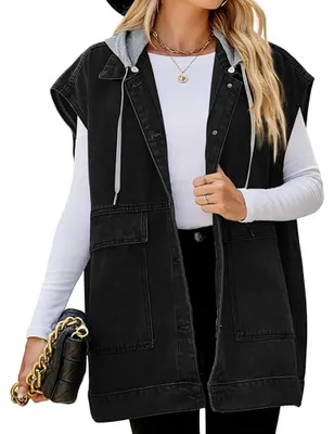 Produktbild von Damen Oversize-Jeansweste, mittellang, ärmellos, Used-Look, Baumwolle (L)