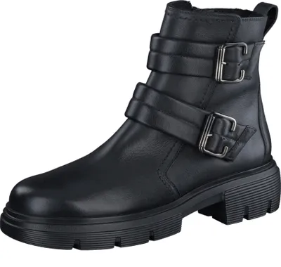 A black leather boot with buckles on a white background.