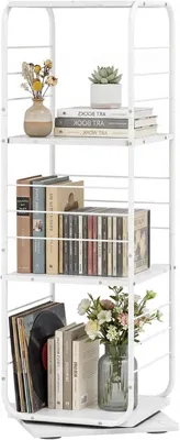 Produktbild von KOMFOTTEU Bücherregal, 360 Grad drehbar, Eckregal mit 4 Ebenen, platzsparend, Metallrahmen, für Büro, Arbeitszimmer, Wohnzimmer, 40 x 40 x 115 cm (weiß)