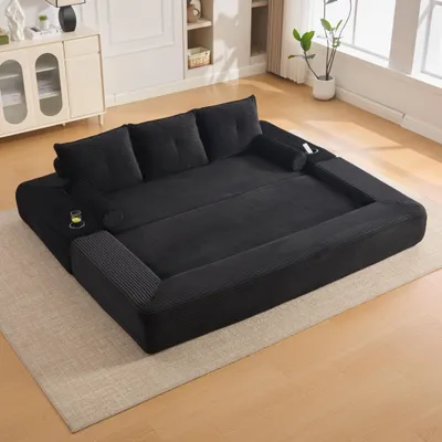 Produktbild von LVHOM Klappsofa 2-in-1 Schlafsofa aus Cordstoff, Bodensofa mit Getränkehalter, Modulares Polstersofa mit Seitentaschen, 232 cm, Schwarz