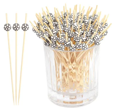 Image de Brochettes de cocktails avec des perles en forme de ballons de football, 100 pièces, 4,7 pouces, en bambou