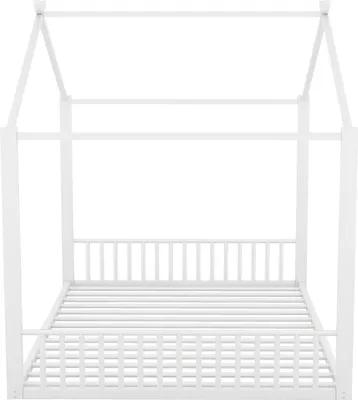 A white canopy bed frame with a slatted base, shown from the front against a white background.