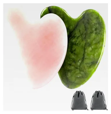 Produktbild von 2 Stück Gua Sha, 1 Stück Jade Gesichtsmassagestein + 1 Stück Rosenquarz Gua Sha Stein Massagewerkzeug mit 2 Stück Samtbeuteln, Scraping Beauty-Tool für Gesichtspflege, Hals und Körper, Kristall in Herzform