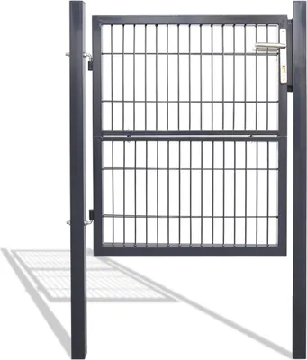 A dark gray metal garden gate with a latch and handle, standing upright against a white background. The gate is made of vertical bars and horizontal supports, with a shadow cast to the left.