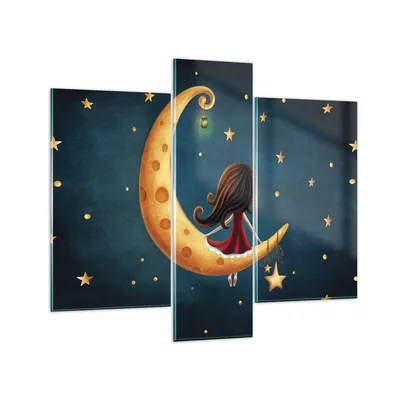 Produktbild von Bilder auf glas - 3 Teile - Kinder Mädchen Mond - 95x80cm - Glasbilder - Wandbilder - Bilder - zum Aufhängen bereit - Wanddekoration aus Glas - Glas Bilder - Wandbild auf Glas - GCB95x80-4683